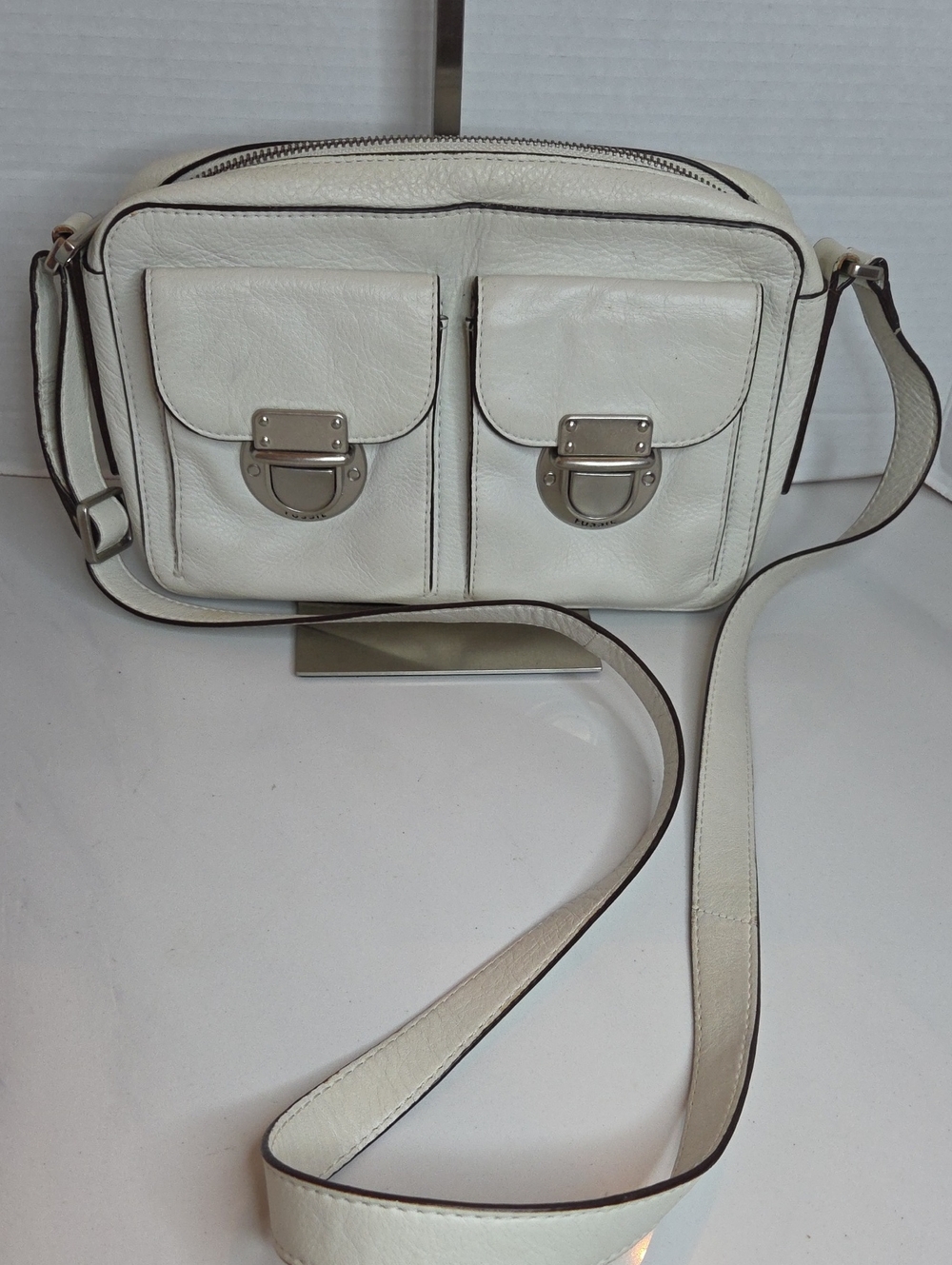 Fossil White Leather Dual-Pocket Crossbody